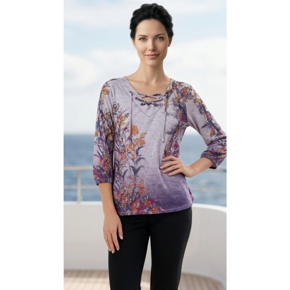 Christopher Banks XL Blouse Knit Top Gray Orange Floral 3/4 Sleeve V-Neck